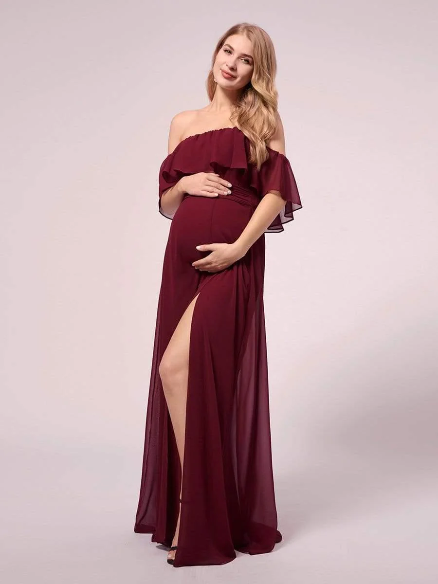 ever ÉMILE|Women's A-Line Off Shoulder Ruffle Thigh Split Maternity Dresses - Image 3