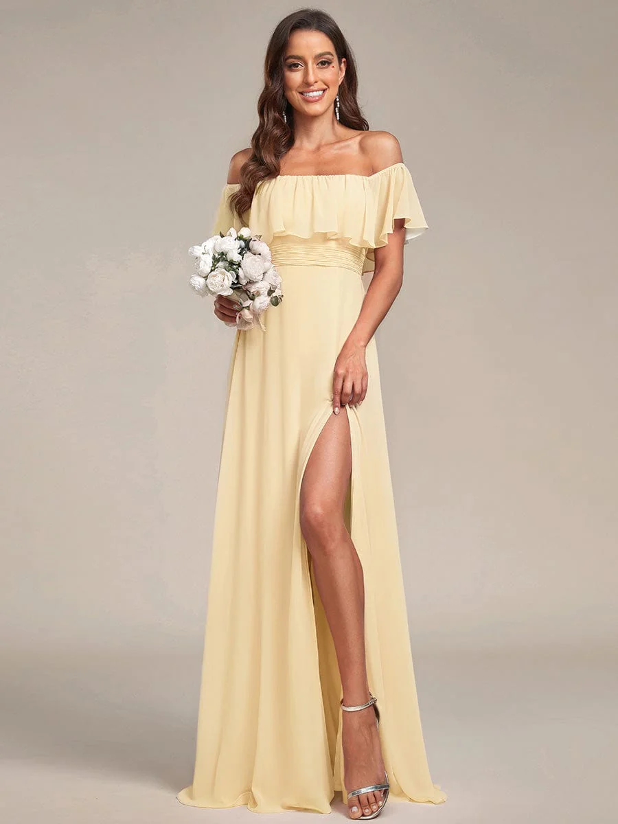 ever ÉMILE|Off The Shoulder Maxi Chiffon Bridesmaid Dresses With Side Split - Image 47
