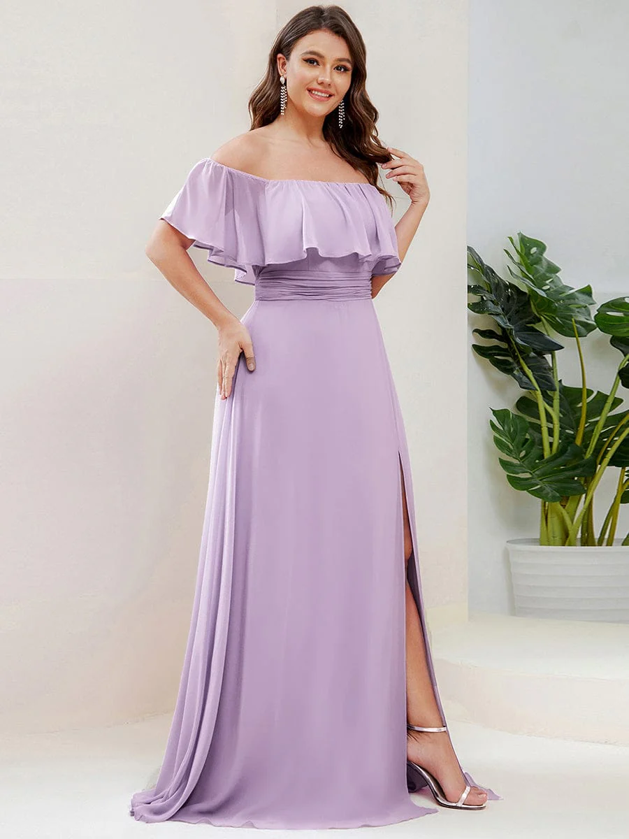 ever ÉMILE|Off The Shoulder Maxi Chiffon Bridesmaid Dresses With Side Split - Image 64