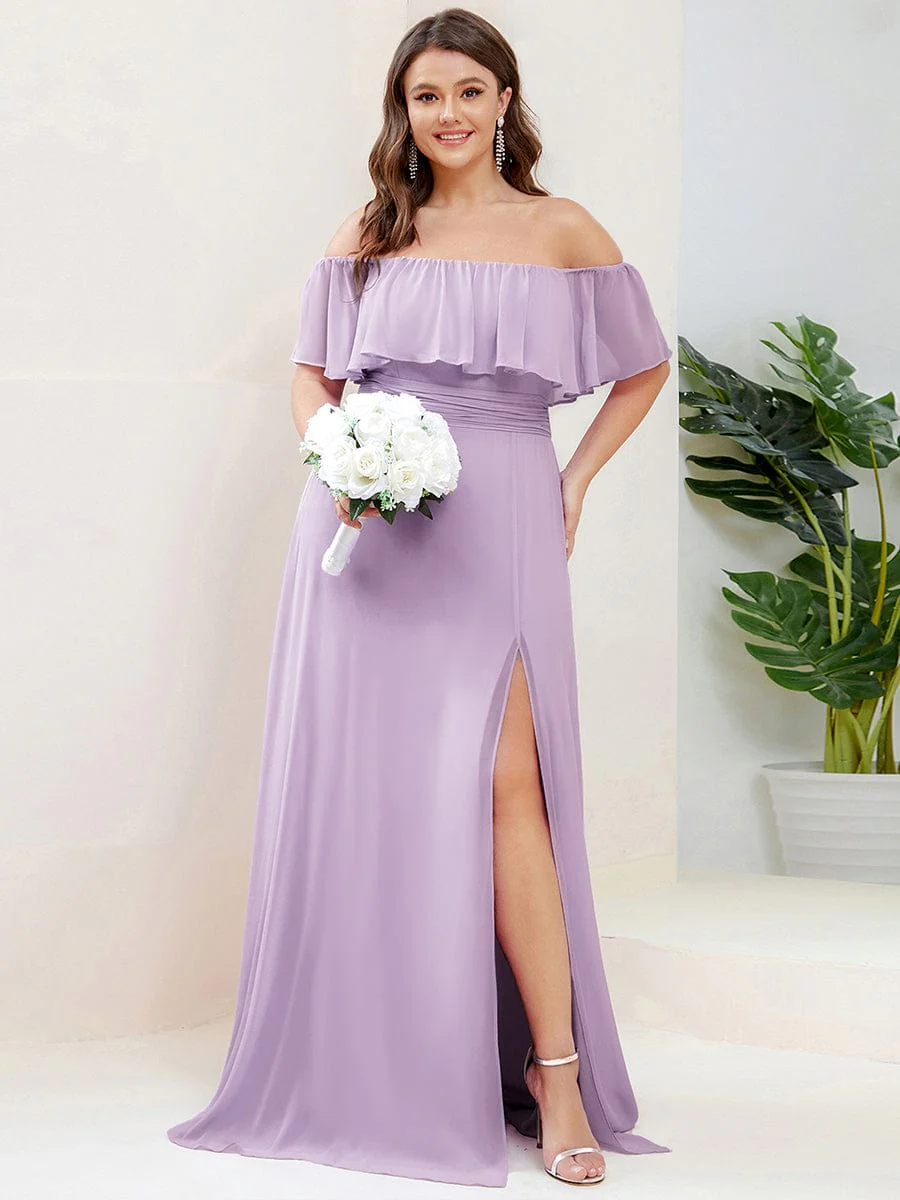 ever ÉMILE|Off The Shoulder Maxi Chiffon Bridesmaid Dresses With Side Split - Image 65