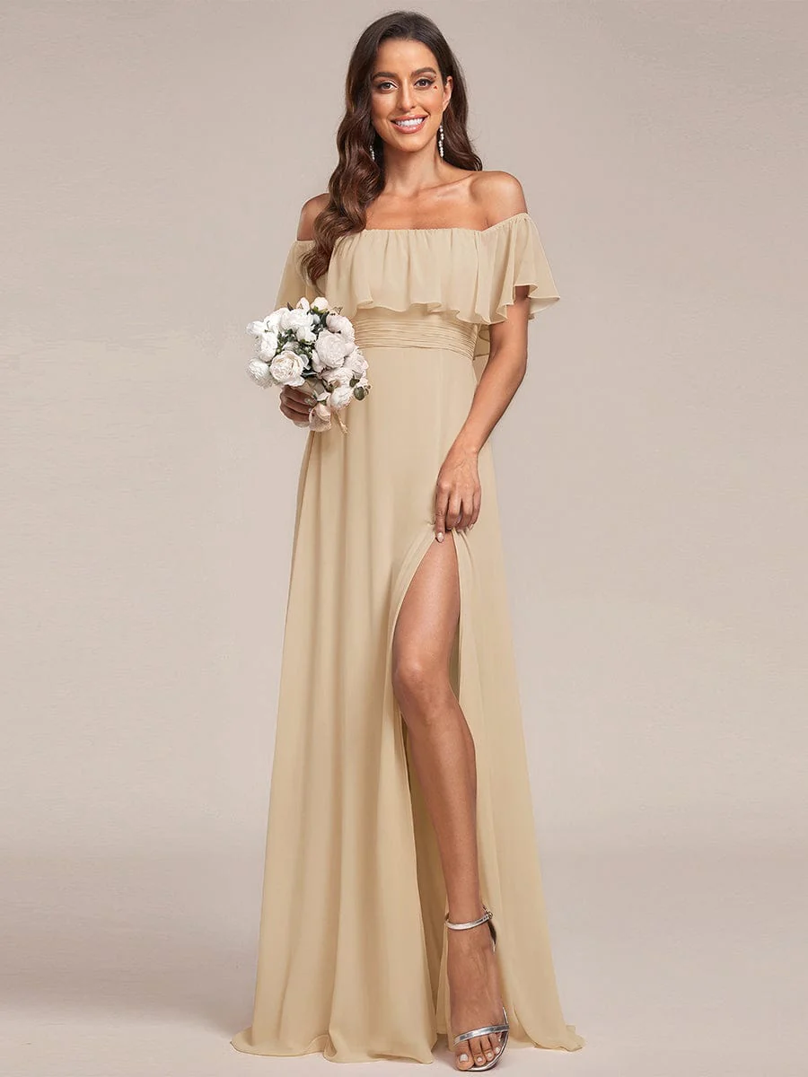 ever ÉMILE|Off The Shoulder Maxi Chiffon Bridesmaid Dresses With Side Split - Image 9
