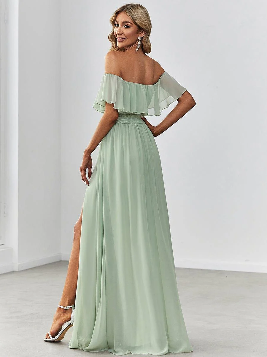 ever ÉMILE|Women's Off-The-Shoulder Ruffle Thigh Split Bridesmaid Dresses - Image 61