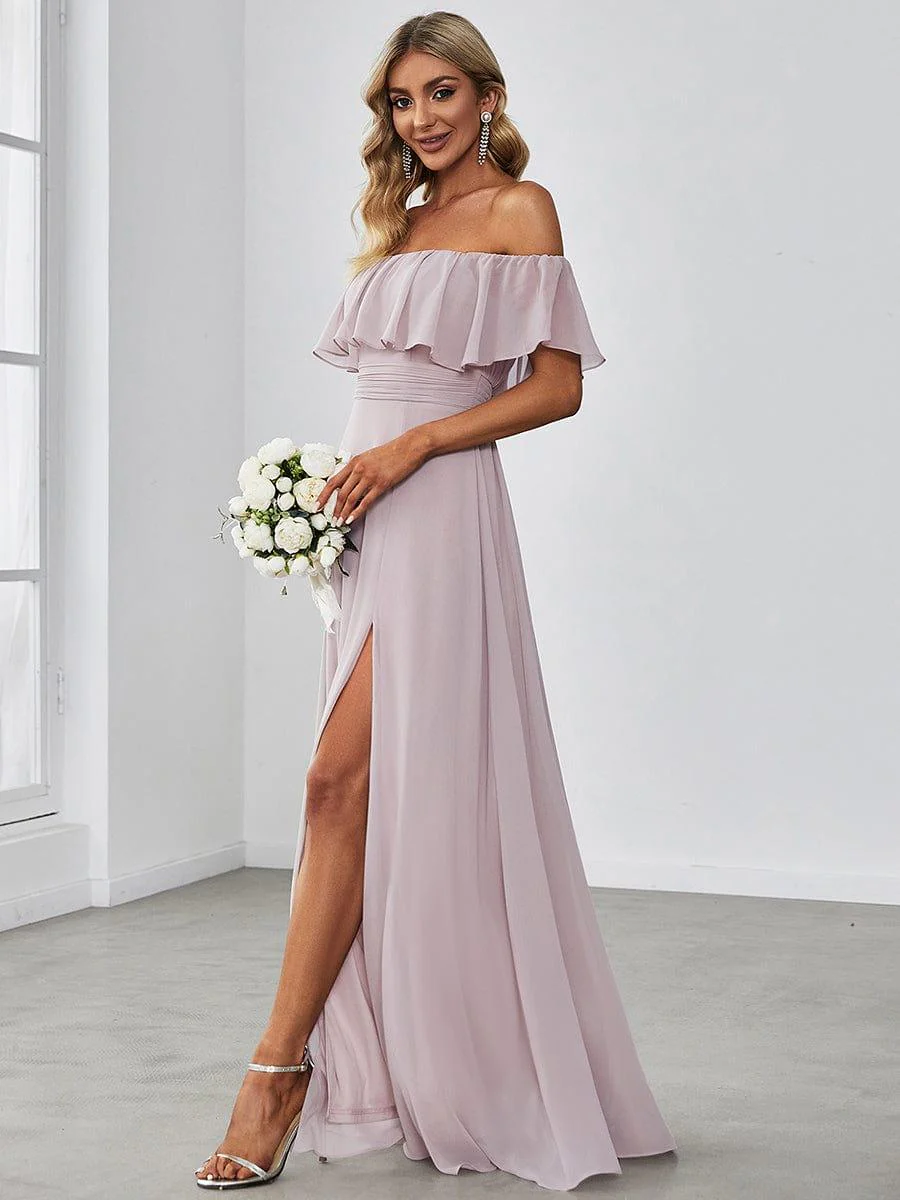 ever ÉMILE|Women's Off-The-Shoulder Ruffle Thigh Split Bridesmaid Dresses - Image 70