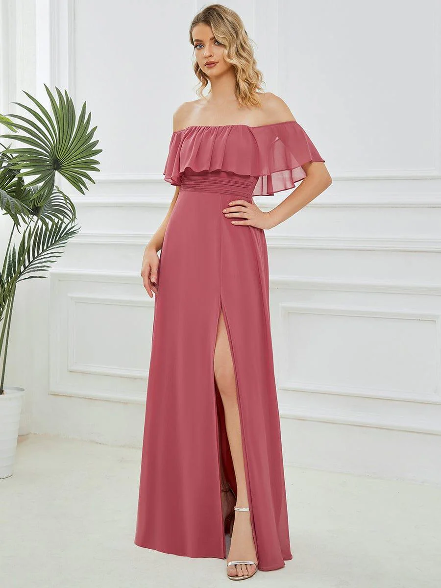 ever ÉMILE|Women's Off-The-Shoulder Ruffle Thigh Split Bridesmaid Dresses - Image 88