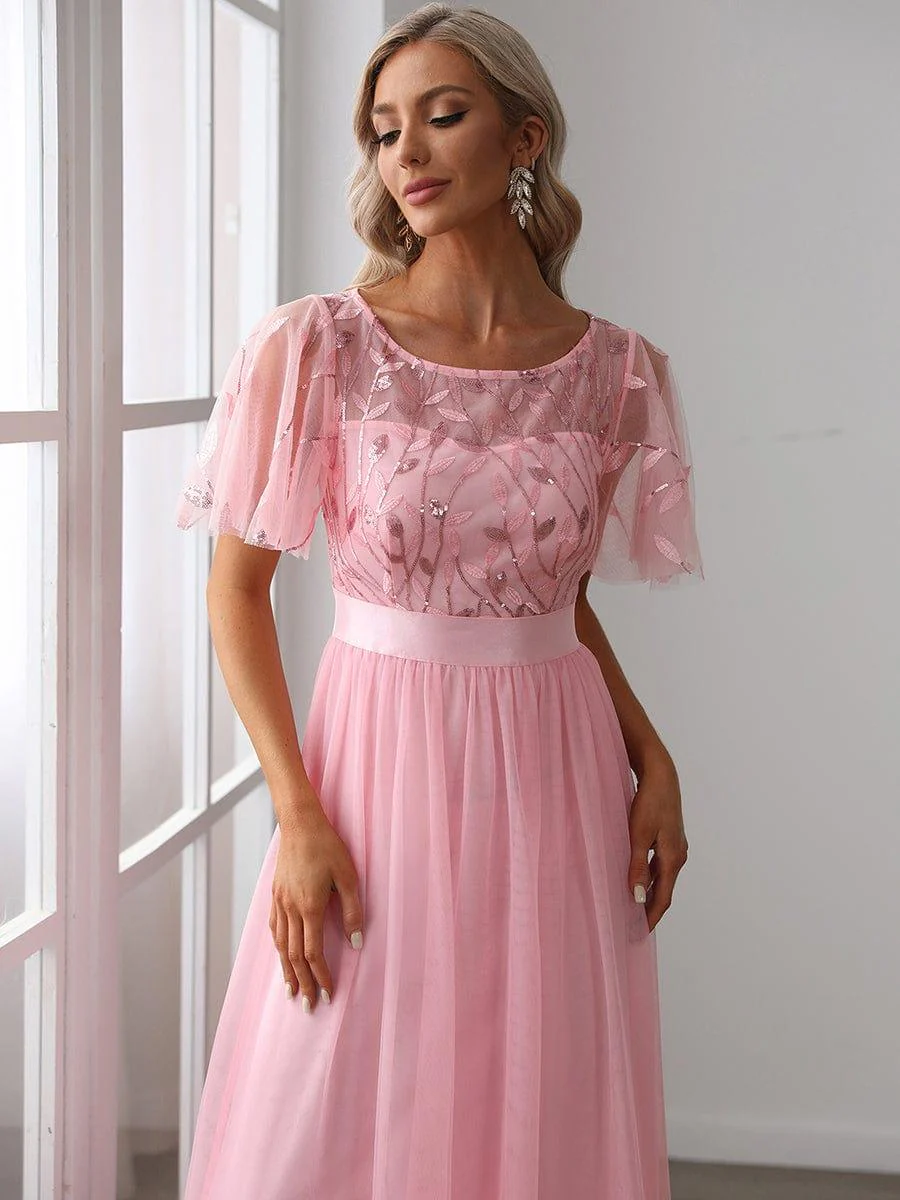 ever SAPHIR|Women's A-Line Short Sleeve Embroidery Floor Length Dresses In Pink - Image 3