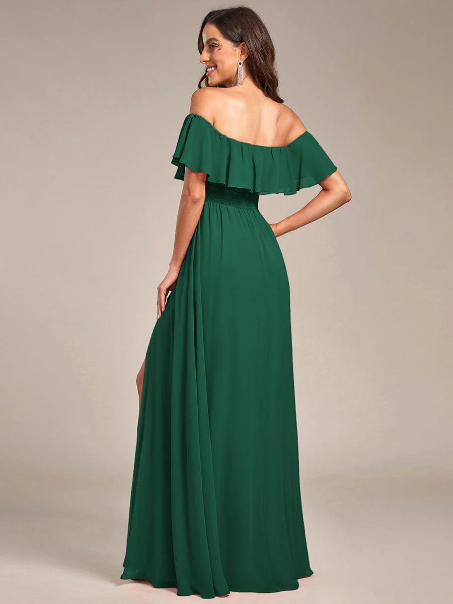 ever ÉMILE|Women's Off-The-Shoulder Ruffle Thigh Split Dresses in Dark Green - Image 2