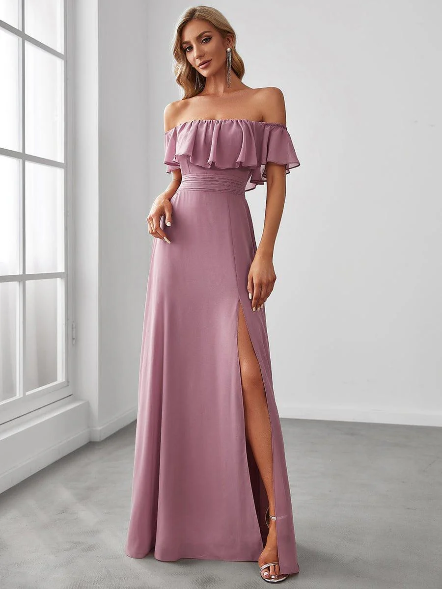 ever ÉMILE|Women's Off-The-Shoulder Ruffle Thigh Split Wedding Guest Dresses - Image 132