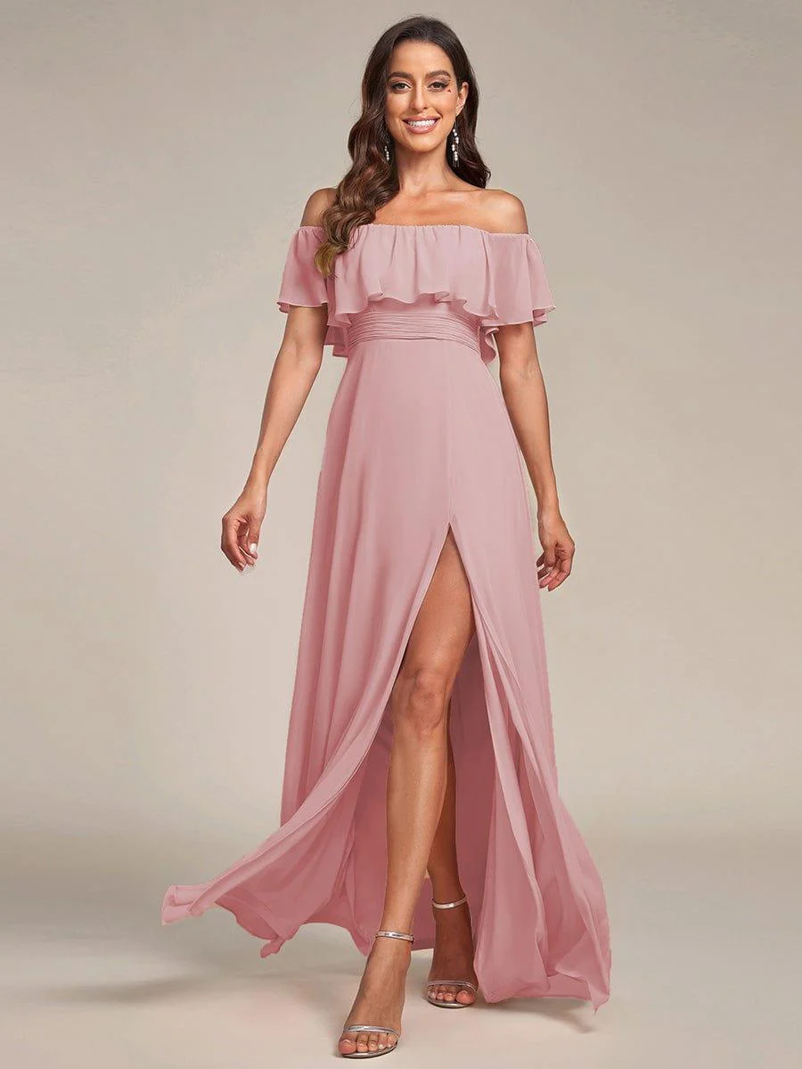 ever ÉMILE|Women's Off-The-Shoulder Ruffle Thigh Split Wedding Guest Dresses - Image 151