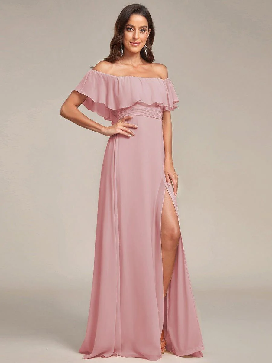 ever ÉMILE|Women's Off-The-Shoulder Ruffle Thigh Split Wedding Guest Dresses - Image 155