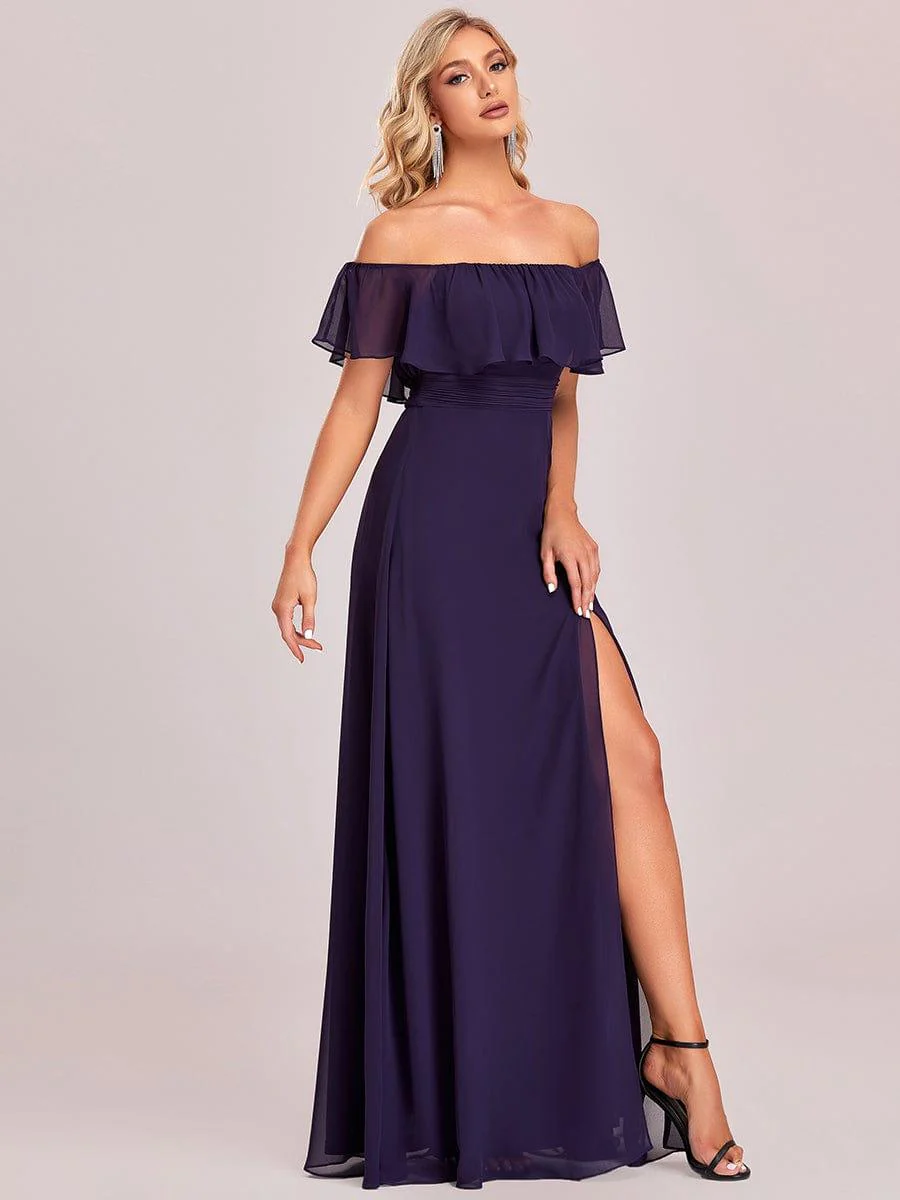 ever ÉMILE|Women's Off-The-Shoulder Ruffle Thigh Split Wedding Guest Dresses - Image 49