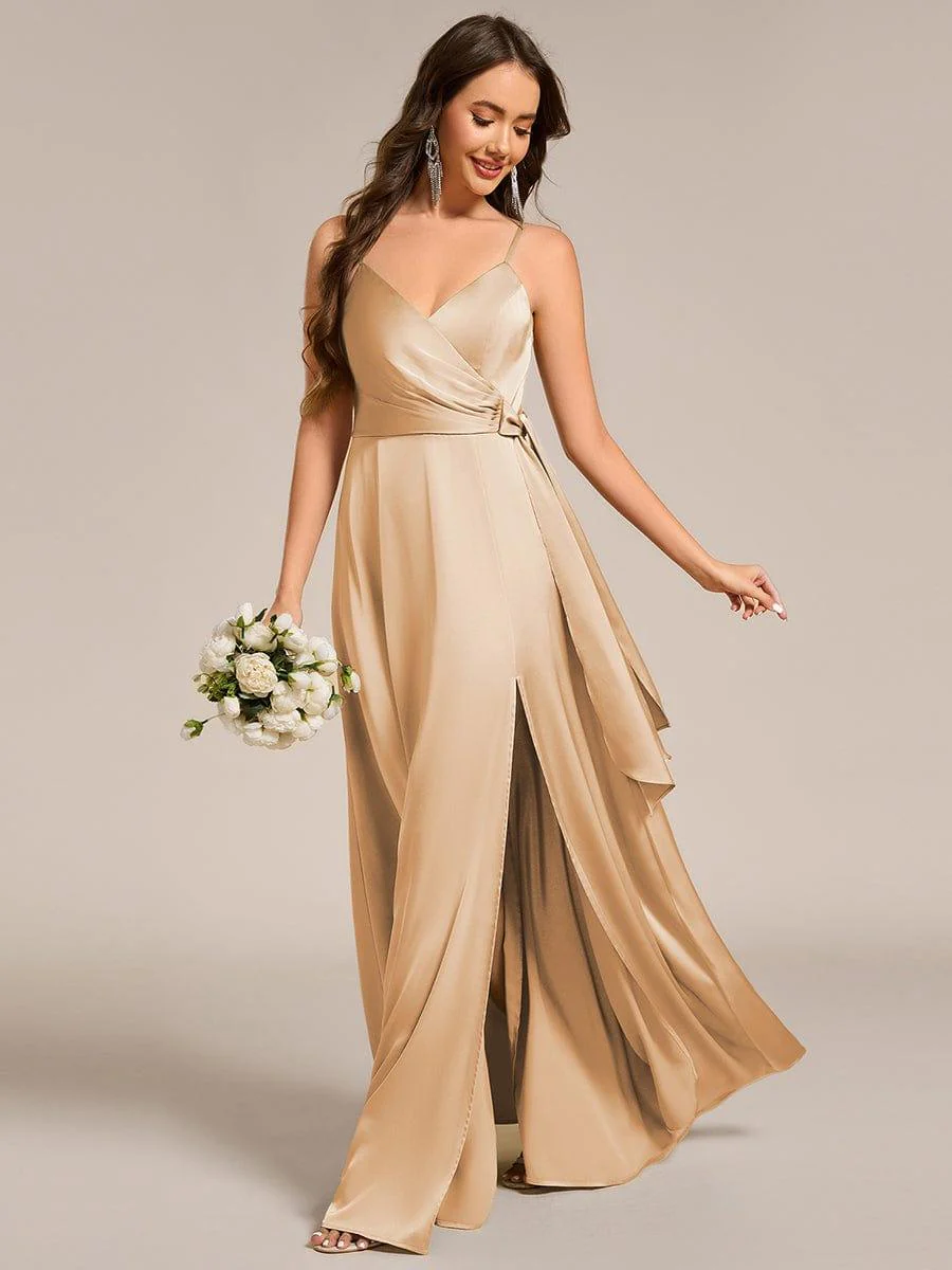ever IYLA|Wrap-Style Maxi Spaghetti Strap Satin Bridesmaid Dress - Image 16